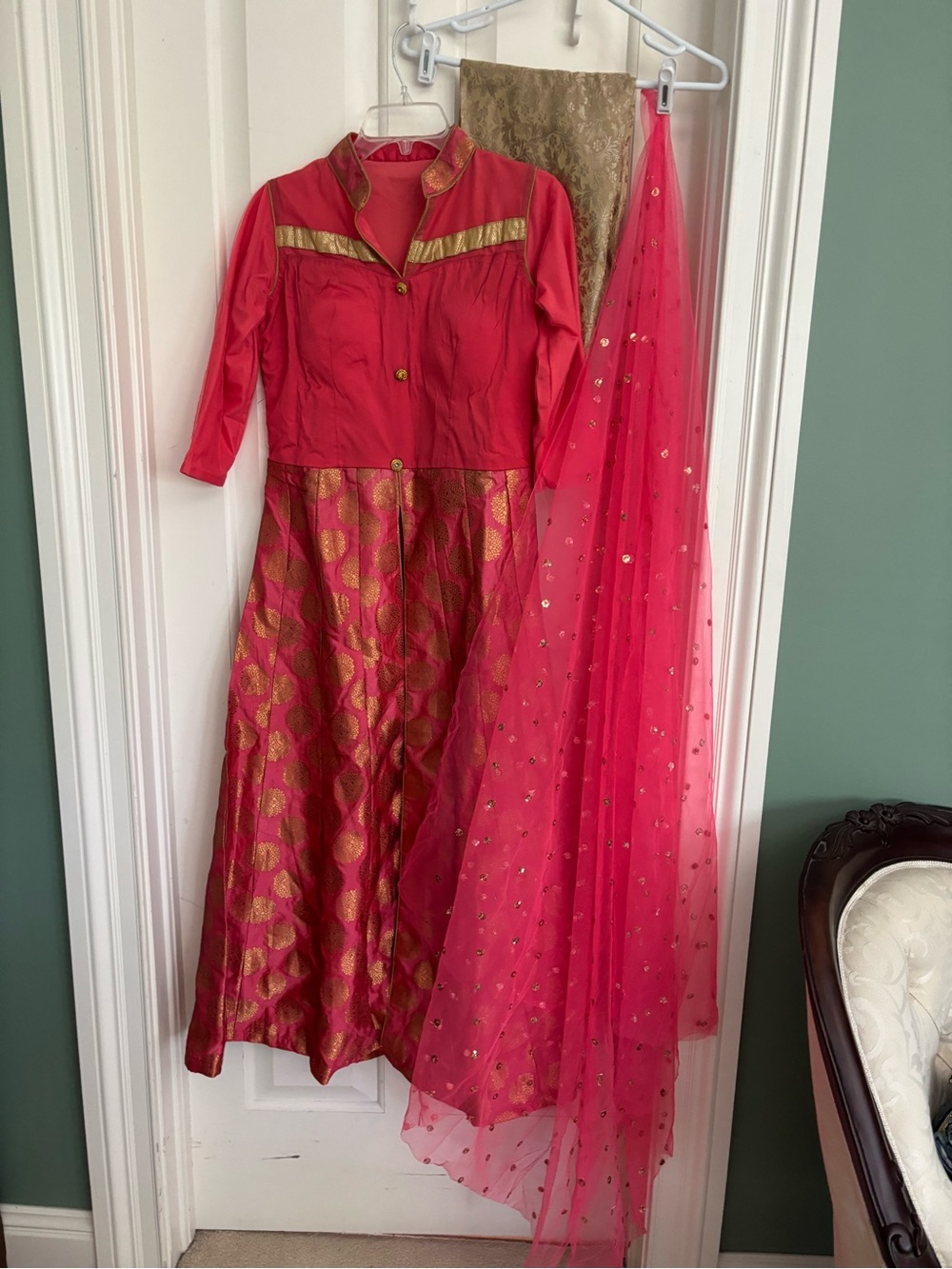 Indo-western Pink and Gold Brocade Long Dress with pants and  Dupatta size large